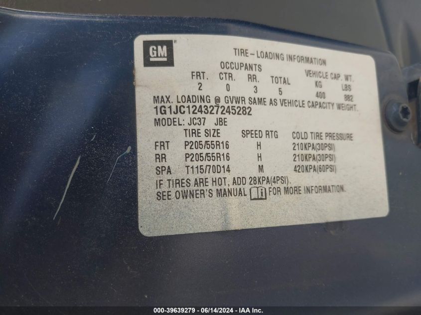 2002 Chevrolet Cavalier VIN: 1G1JC124327245282 Lot: 39639279