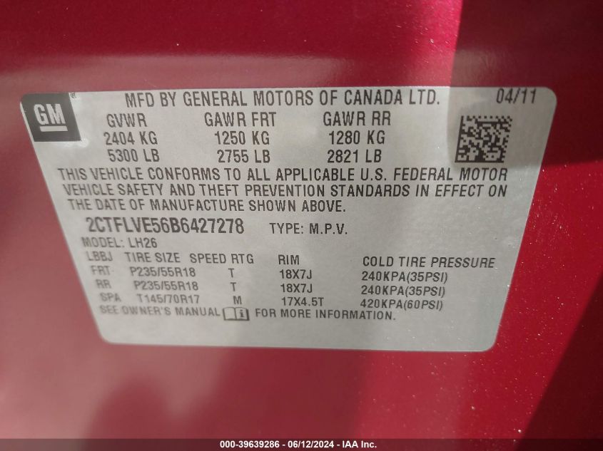 2011 GMC Terrain Slt-1 VIN: 2CTFLVE56B6427278 Lot: 39639286