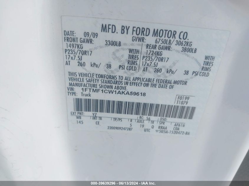 2010 Ford F-150 Stx/Xl/Xlt VIN: 1FTMF1CW1AKA59618 Lot: 39639296