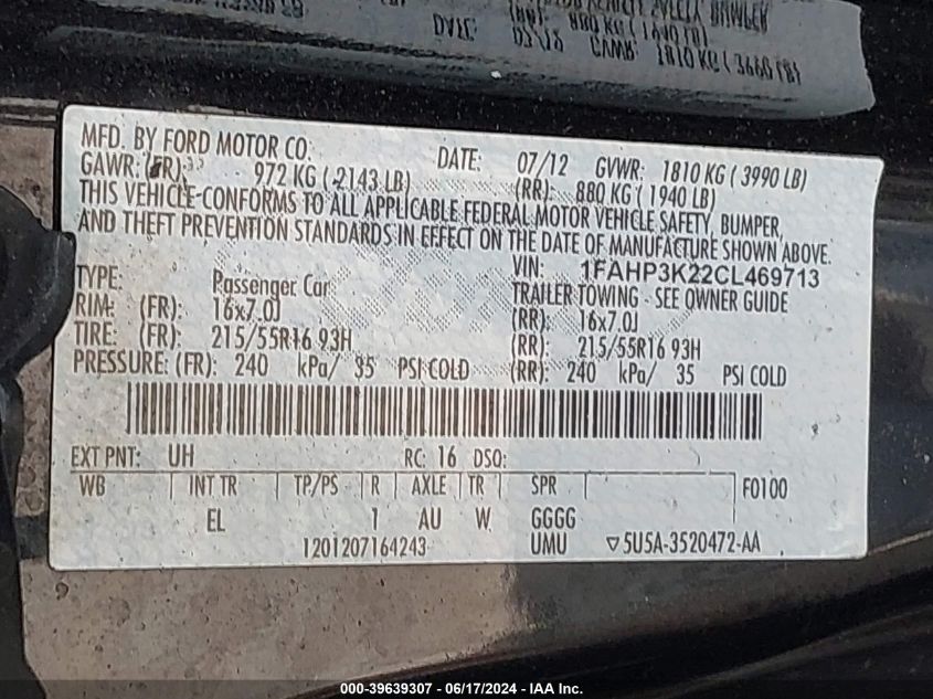 2012 Ford Focus Se VIN: 1FAHP3K22CL469713 Lot: 39639307