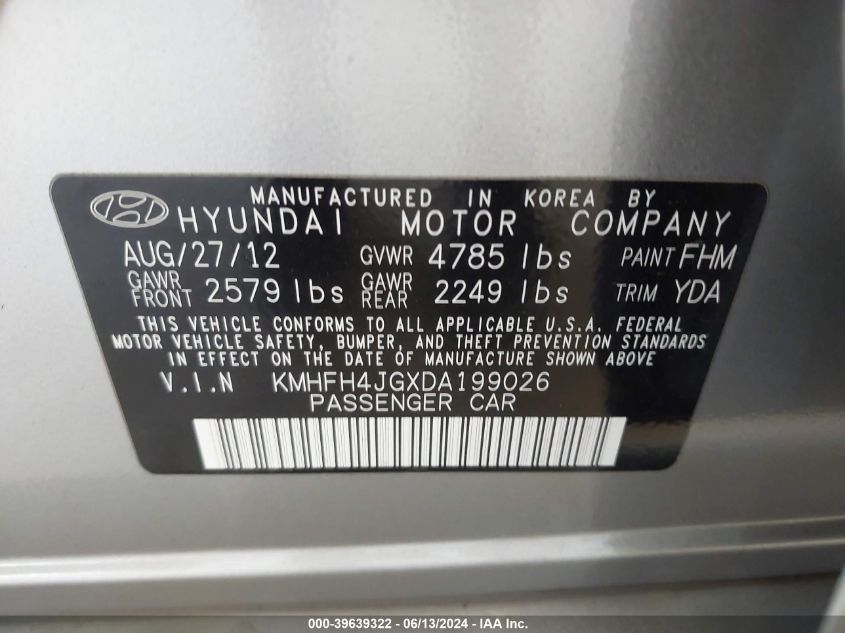 2013 Hyundai Azera VIN: KMHFH4JGXDA199026 Lot: 39639322