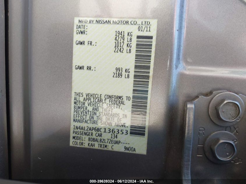 2011 Nissan Altima 2.5 S VIN: 1N4AL2AP6BC136353 Lot: 39639324