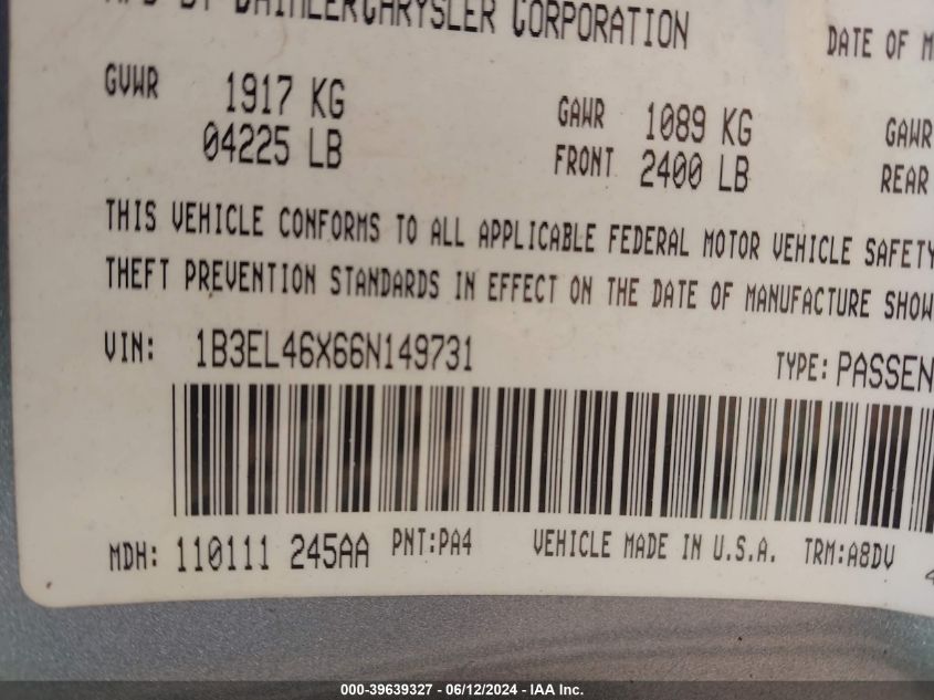 2006 Dodge Stratus Sxt VIN: 1B3EL46X66N149731 Lot: 39639327