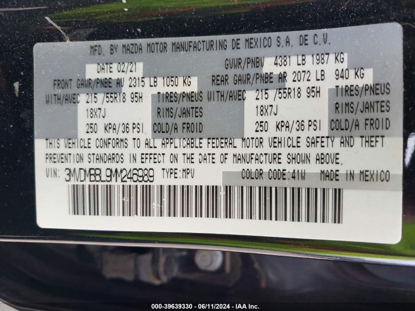 2021 Mazda Cx-30 Select VIN: 3MVDMBBL9MM246989 Lot: 39639330