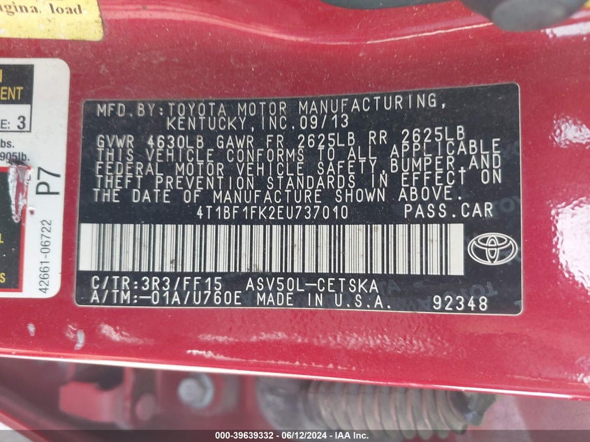2014 Toyota Camry Se VIN: 4T1BF1FK2EU737010 Lot: 39639332