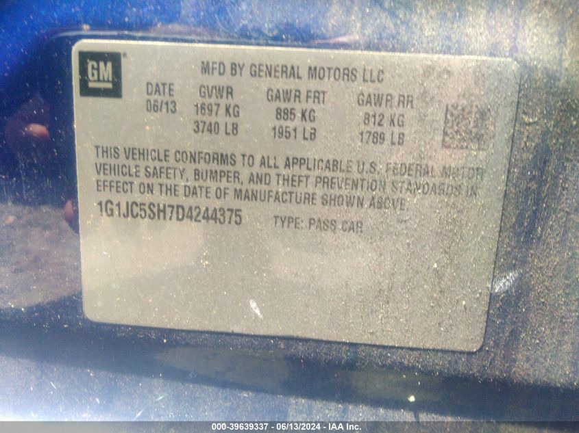 2013 Chevrolet Sonic Lt Auto VIN: 1G1JC5SH7D4244375 Lot: 39639337