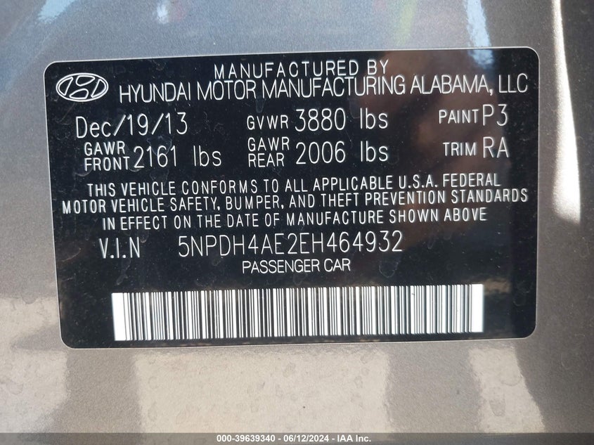 2014 Hyundai Elantra Limited VIN: 5NPDH4AE2EH464932 Lot: 39639340