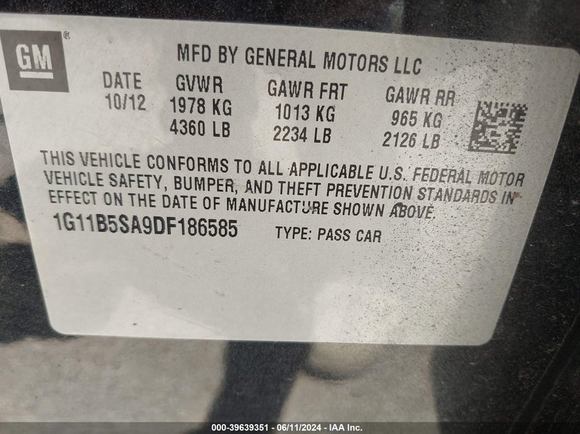 2013 Chevrolet Malibu 1Ls VIN: 1G11B5SA9DF186585 Lot: 39639351