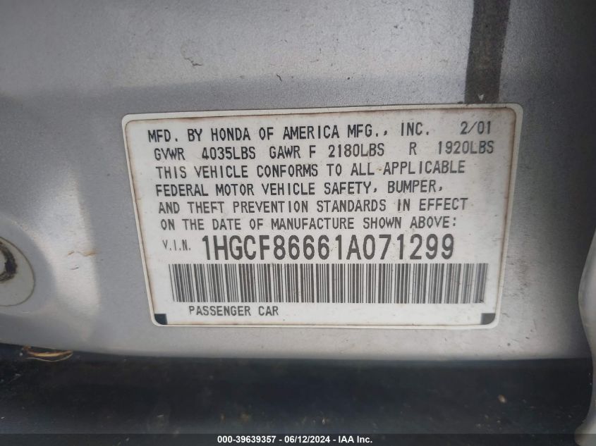 2001 Honda Accord Value Package VIN: 1HGCF86661A071299 Lot: 39639357