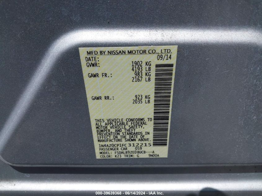 2015 Nissan Leaf S/Sv/Sl VIN: 1N4AZ0CP1FC312215 Lot: 39639368