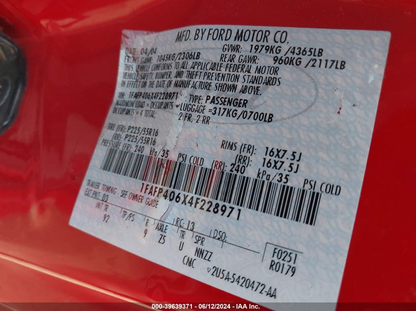 2004 Ford Mustang VIN: 1FAFP406X4F228971 Lot: 39639371