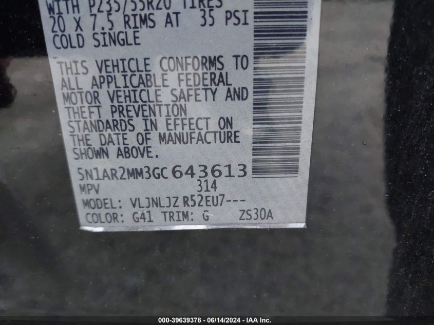 2016 Nissan Pathfinder Platinum VIN: 5N1AR2MM3GC643613 Lot: 39639378