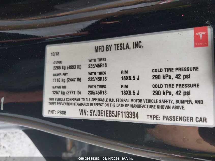 2018 TESLA MODEL 3 LONG RANGE/PERFORMANCE - 5YJ3E1EB5JF113394