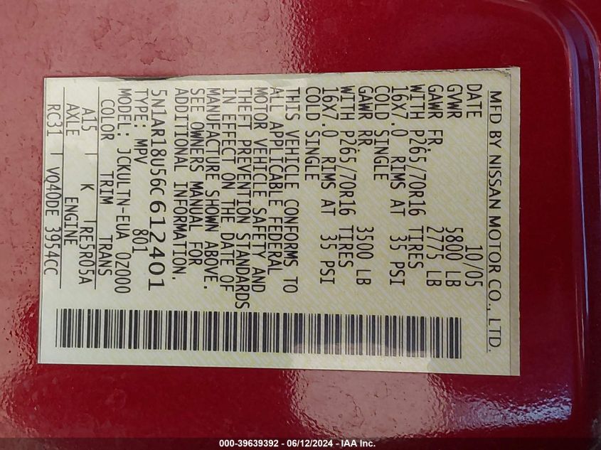 2006 Nissan Pathfinder Se VIN: 5N1AR18U56C612401 Lot: 39639392