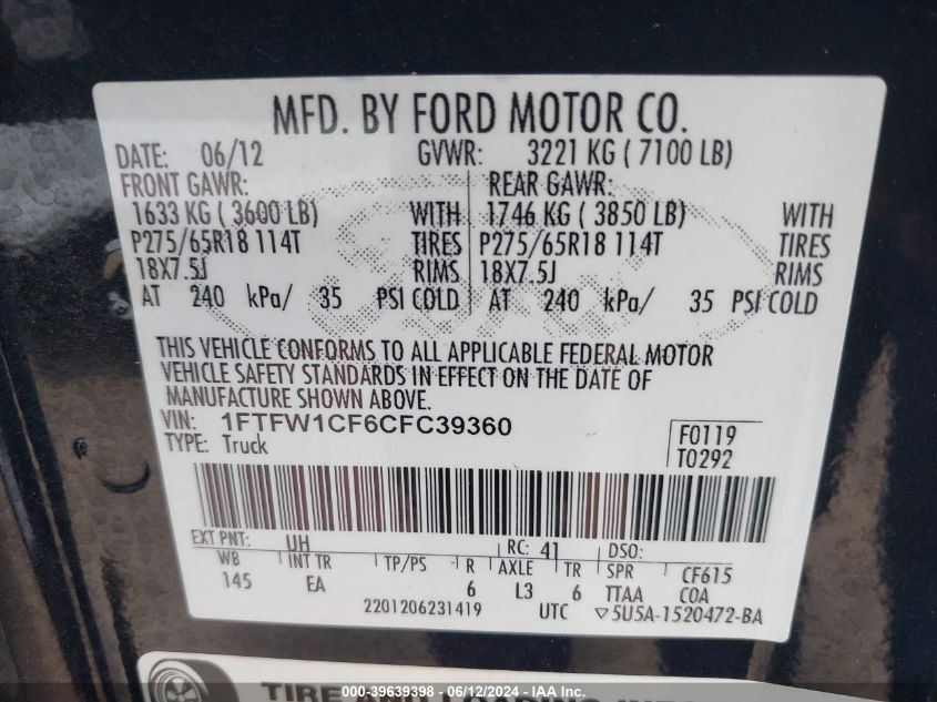 2012 Ford Lgt Convtnl 'F' VIN: 1FTFW1CF6CFC39360 Lot: 39639398