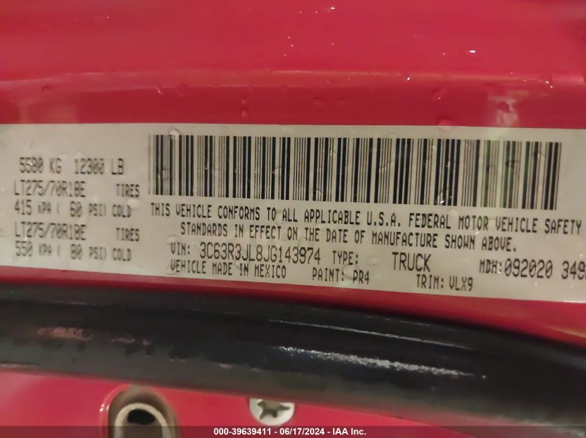 2018 Ram 3500 Laramie 4X4 8' Box VIN: 3C63R3JL8JG143974 Lot: 39639411