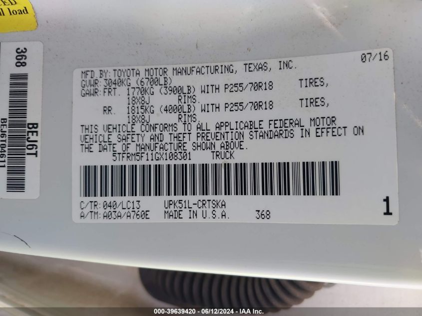 2016 Toyota Tundra Sr 4.6L V8 VIN: 5TFRM5F11GX108301 Lot: 39639420