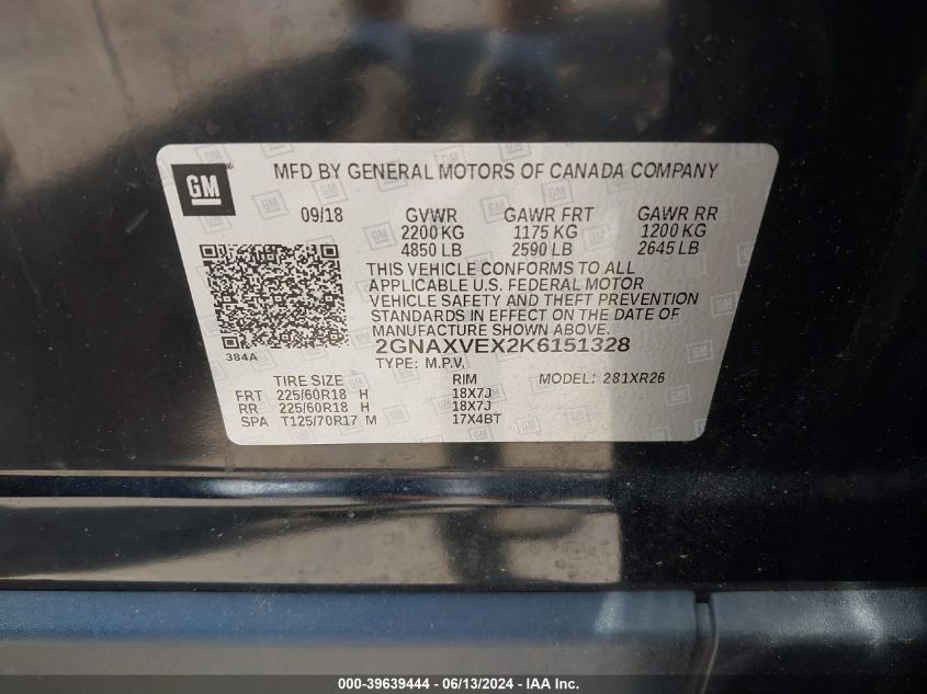 2019 Chevrolet Equinox Lt VIN: 2GNAXVEX2K6151328 Lot: 39639444