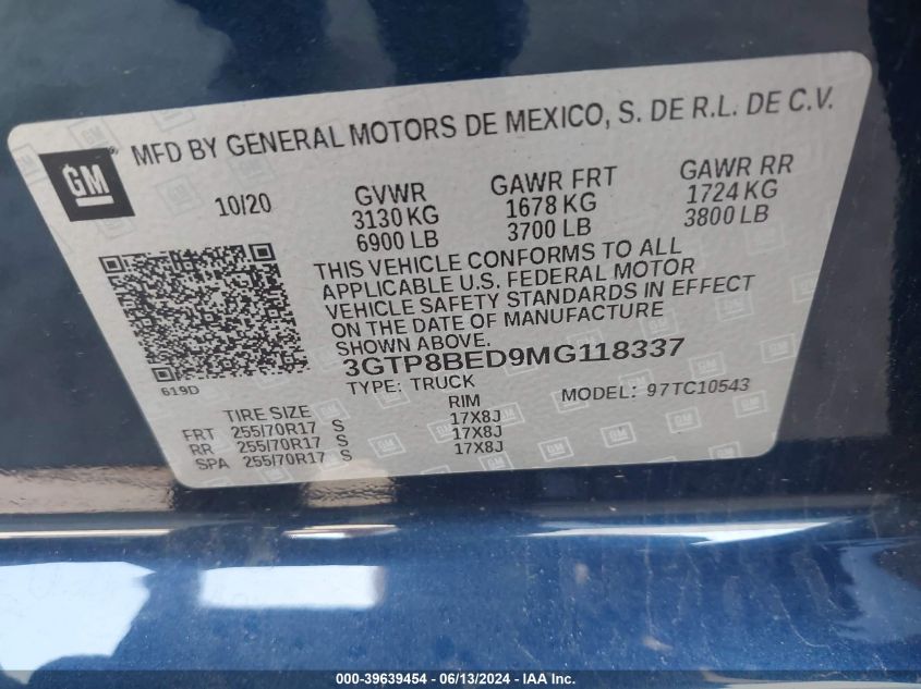 2021 GMC Sierra 1500 2Wd Short Box Sle VIN: 3GTP8BED9MG118337 Lot: 39639454