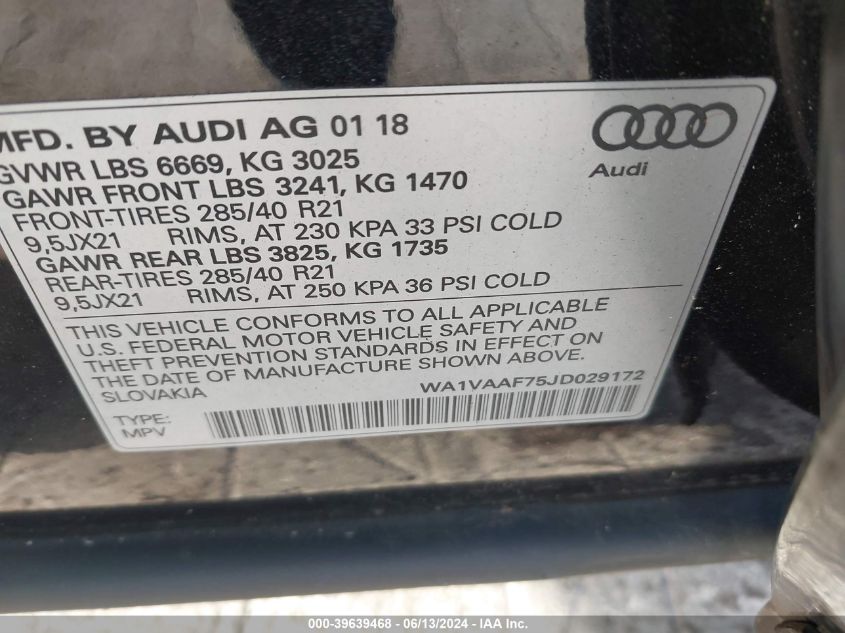 2018 Audi Q7 3.0T Premium VIN: WA1VAAF75JD029172 Lot: 39639468