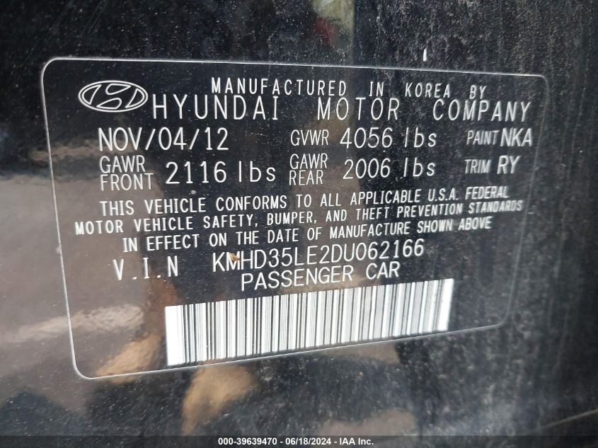 2013 Hyundai Elantra Gt VIN: KMHD35LE2DU062166 Lot: 39639470