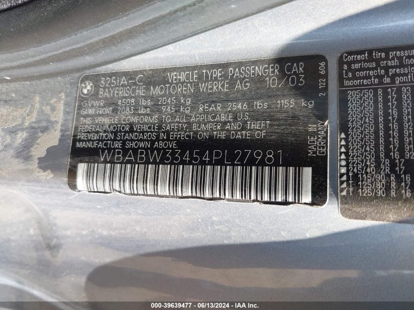 2004 BMW 325Ci VIN: WBABW33454PL27981 Lot: 39639477