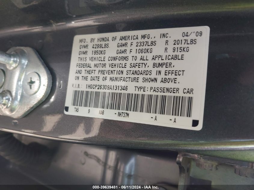 2009 Honda Accord 2.4 Lx VIN: 1HGCP26309A131346 Lot: 39639481
