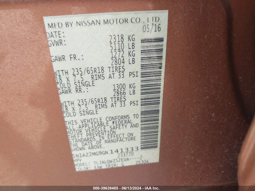 2016 Nissan Murano Sv VIN: 5N1AZ2MG9GN141333 Lot: 39639485