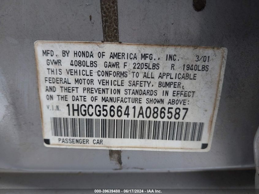 2001 Honda Accord 2.3 Ex VIN: 1HGCG56641A086587 Lot: 39639488