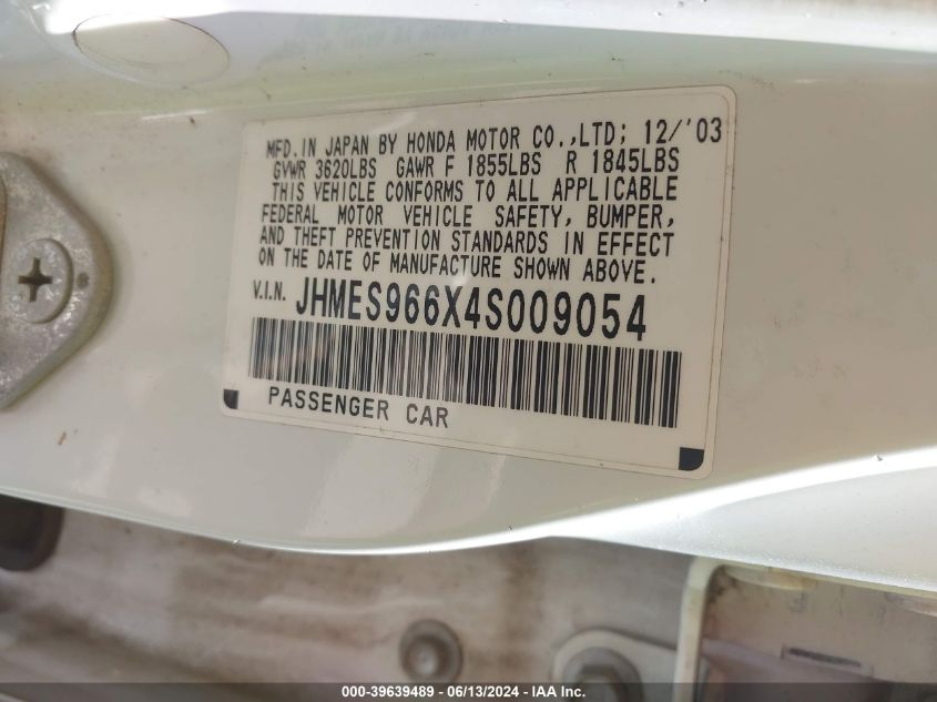 2004 Honda Civic Hybrid VIN: JHMES966X4S009054 Lot: 39639489