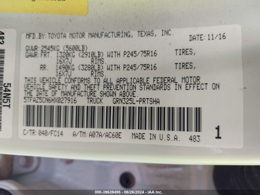 2017 Toyota Tacoma Sr5 V6 VIN: 5TFAZ5CN6HX027916 Lot: 39639495