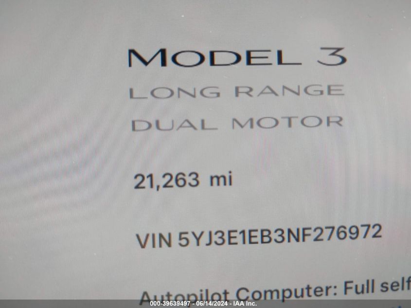 2022 Tesla Model 3 Long Range Dual Motor All-Wheel Drive VIN: 5YJ3E1EB3NF276972 Lot: 39639497