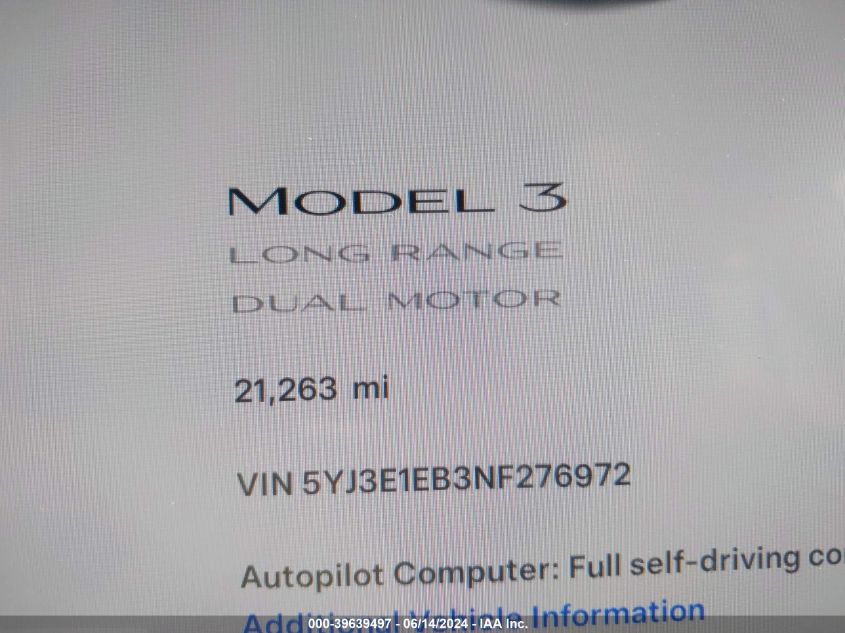 2022 Tesla Model 3 Long Range Dual Motor All-Wheel Drive VIN: 5YJ3E1EB3NF276972 Lot: 39639497