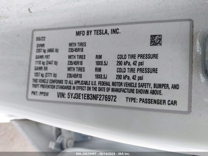 2022 Tesla Model 3 Long Range Dual Motor All-Wheel Drive VIN: 5YJ3E1EB3NF276972 Lot: 39639497