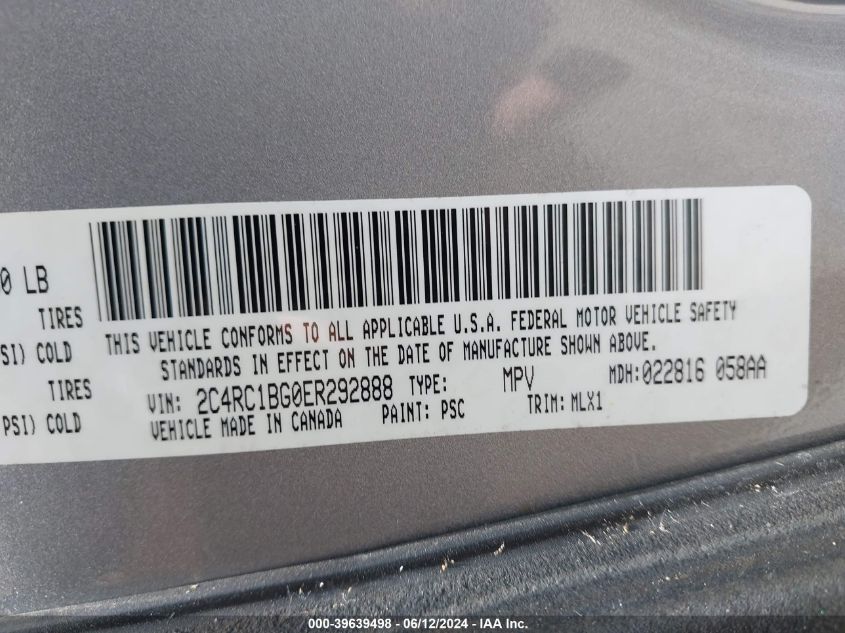 2014 Chrysler Town & Country Touring VIN: 2C4RC1BG0ER292888 Lot: 39639498