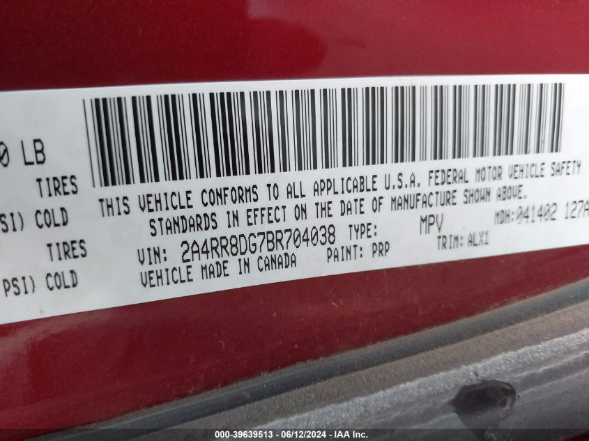 2011 Chrysler Town & Country Touring-L VIN: 2A4RR8DG7BR704038 Lot: 39639513