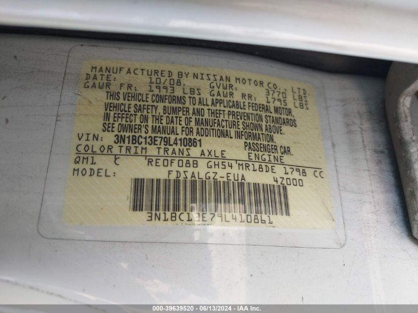 2009 Nissan Versa 1.8Sl VIN: 3N1BC13E79L410861 Lot: 39639520