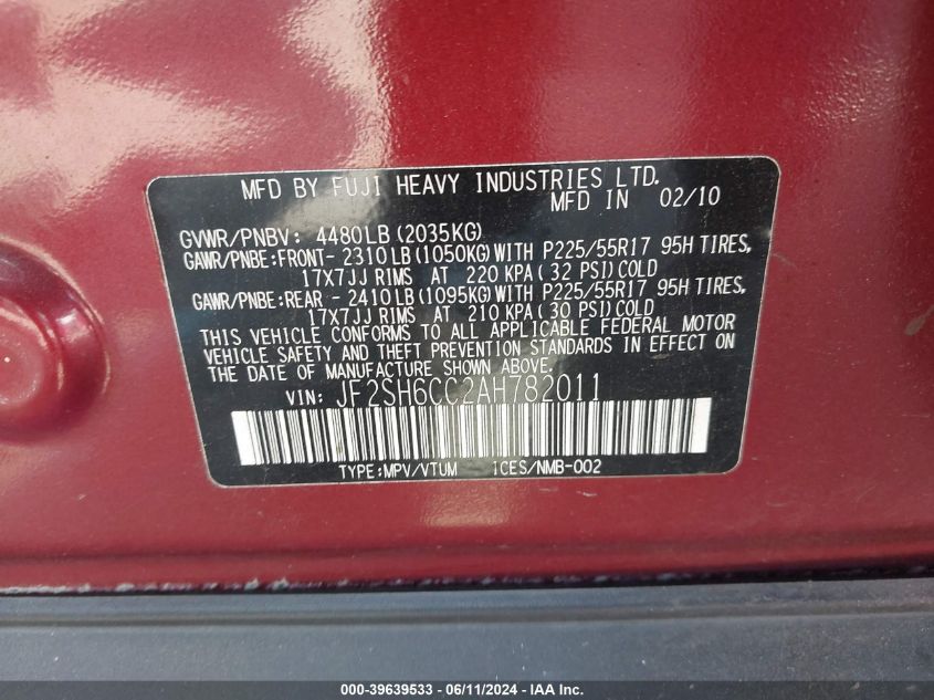 2010 Subaru Forester 2.5X Premium VIN: JF2SH6CC2AH782011 Lot: 39639533