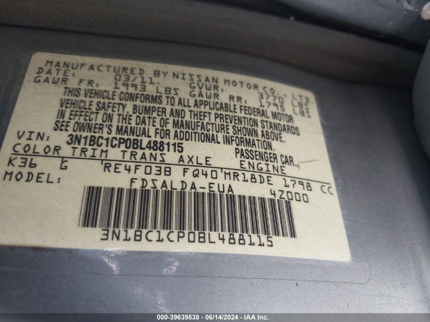 2011 Nissan Versa 1.8S VIN: 3N1BC1CP0BL488115 Lot: 39639538