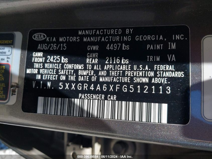 2015 Kia Optima VIN: 5XXGR4A6XFG512113 Lot: 39639554