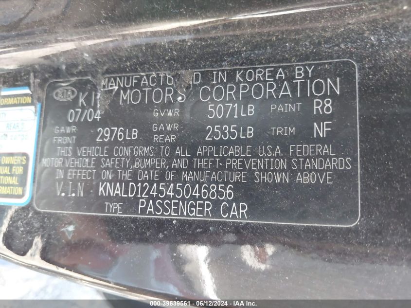 2004 Kia Amanti VIN: KNALD124545046856 Lot: 39639561