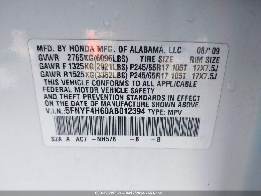 2010 Honda Pilot Ex-L VIN: 5FNYF4H60AB012394 Lot: 39639563