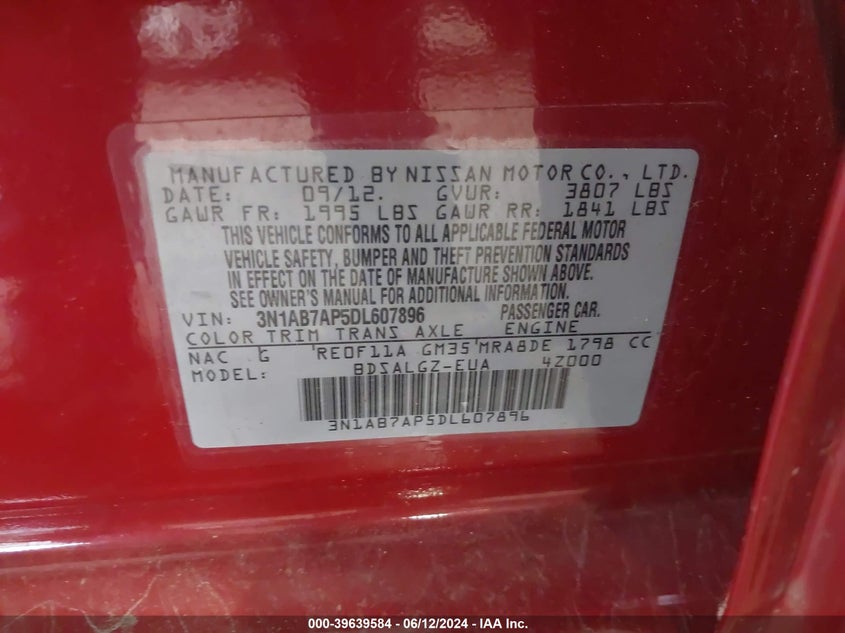 2013 Nissan Sentra Sl VIN: 3N1AB7AP5DL607896 Lot: 39639584