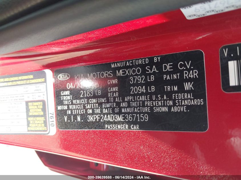 2021 Kia Forte Lxs VIN: 3KPF24AD3ME367159 Lot: 39639588