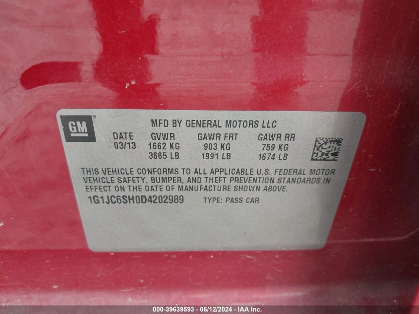 2013 Chevrolet Sonic Lt Auto VIN: 1G1JC6SH0D4202989 Lot: 39639593