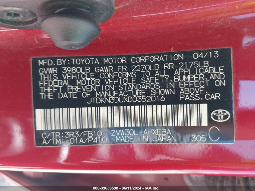 2013 Toyota Prius Two VIN: JTDKN3DUXD0352016 Lot: 39639598