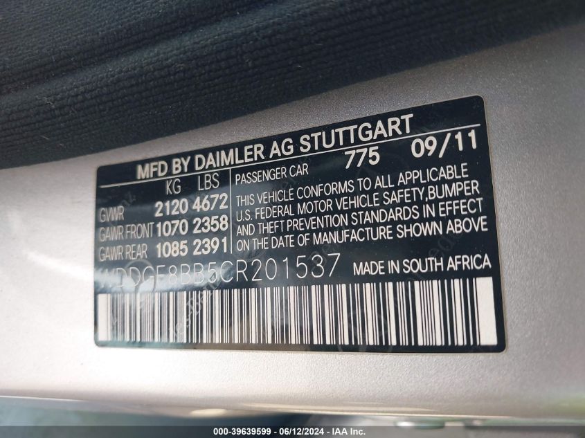 2012 Mercedes-Benz C 300 Luxury 4Matic/Sport 4Matic VIN: WDDGF8BB5CR201537 Lot: 39639599