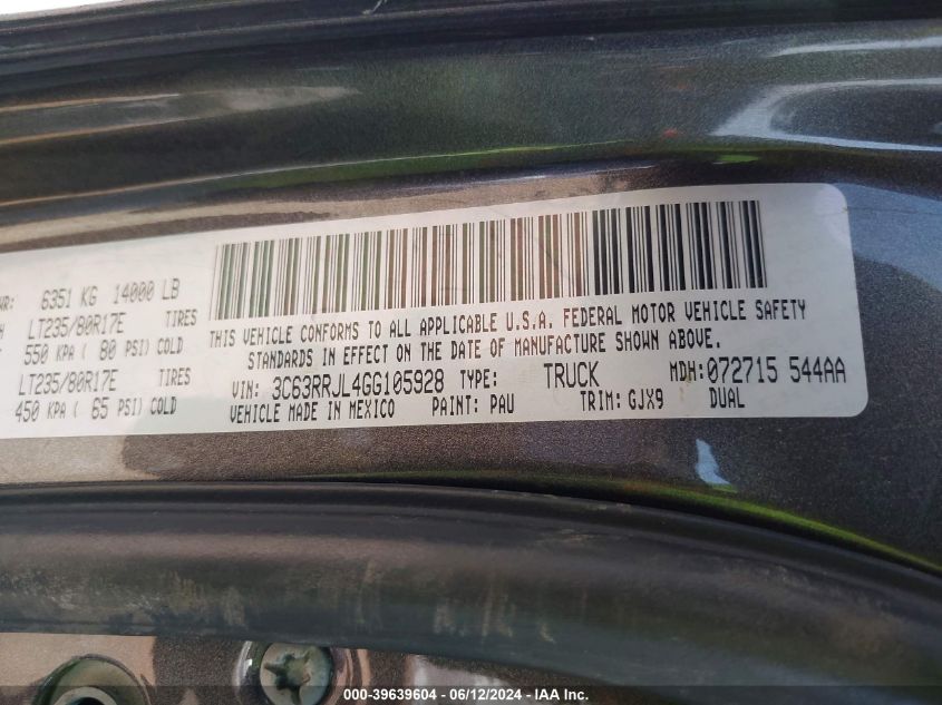 2016 Ram 3500 Laramie VIN: 3C63RRJL4GG105928 Lot: 39639604