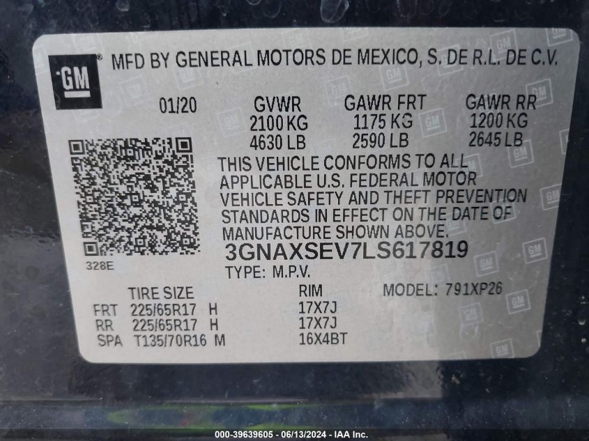 2020 Chevrolet Equinox Awd Ls VIN: 3GNAXSEV7LS617819 Lot: 39639605