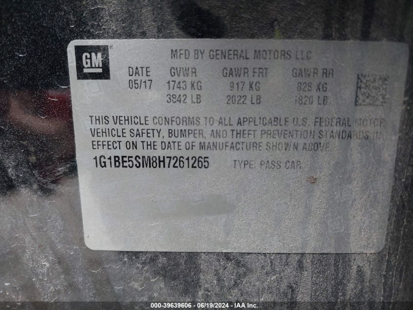 2017 Chevrolet Cruze Lt Auto VIN: 1G1BE5SM8H7261265 Lot: 39639606